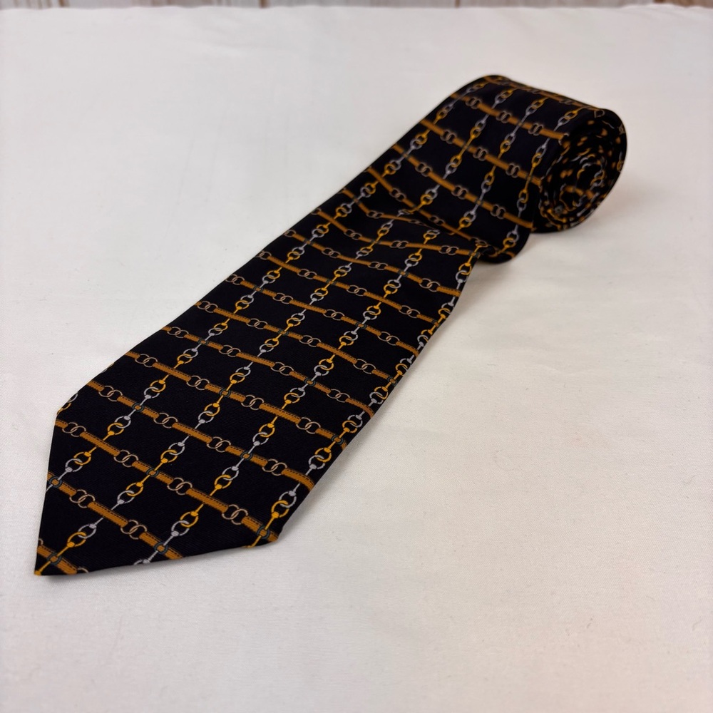 Vtg Paolo Gucci 100% Silk Mens Neck Tie Horse Bit Equestrian Italy Black 58x3.75